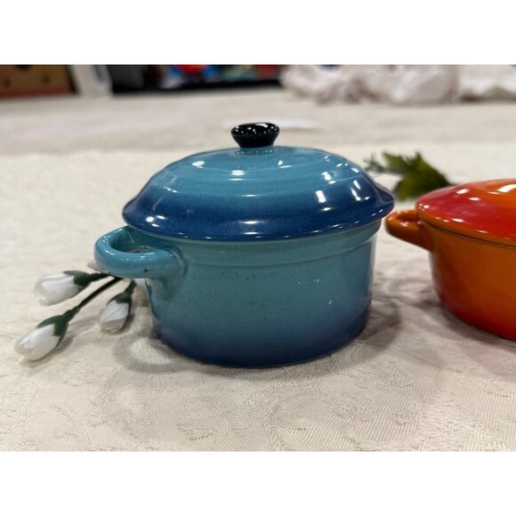 Miniature Blue & Orange Ceramic Casserole Dishes With Lids Butlers - Picture 6 of 14
